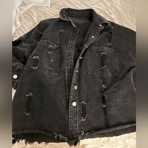 Small oversized black destressed jean jacket